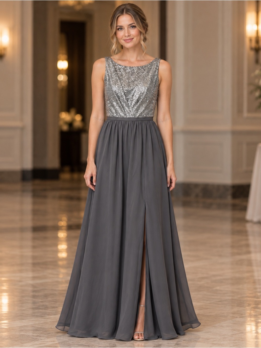 Christina Wu 22783 Silver Sequin Charcoal Bridesmaid Maxi Dress Size 6